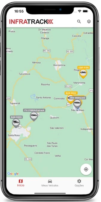 Aplicativo exibindo a localização dos veículos